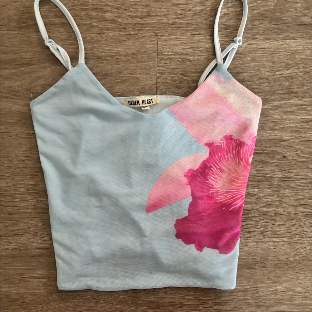 Derek Heart Women's Light Blue Camisole with Pink Floral Design